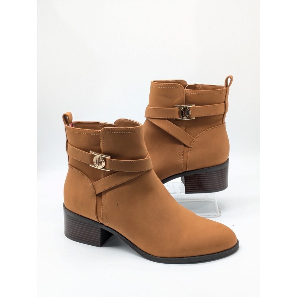Tommy Hilfiger Womens Ankle Boots Size 11M Cognac Brown Harness Moto 2" Heel
